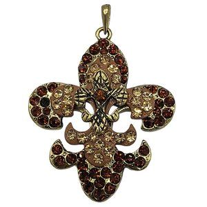 Vintage Pendant Necklace Fleur De Lis Rhinestones Gold Tone Amber Color Brown 2"